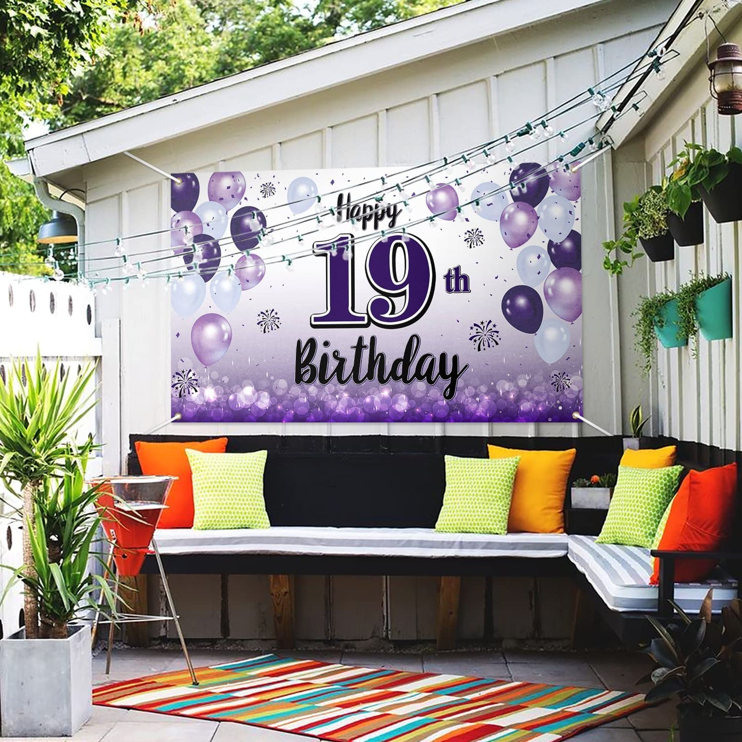 LASKYER 19th Birthday Decorations - Purple Balloon Banner Backdrop, Polyester Sign for Nineteen Years Old Bday Party Supplies