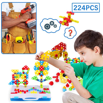 Creativity Tool Box with Drill Screwdriver Toy Set, STEM Building Toys for Kids 3+ Year Old, Creative Building Blocks Pegboard K