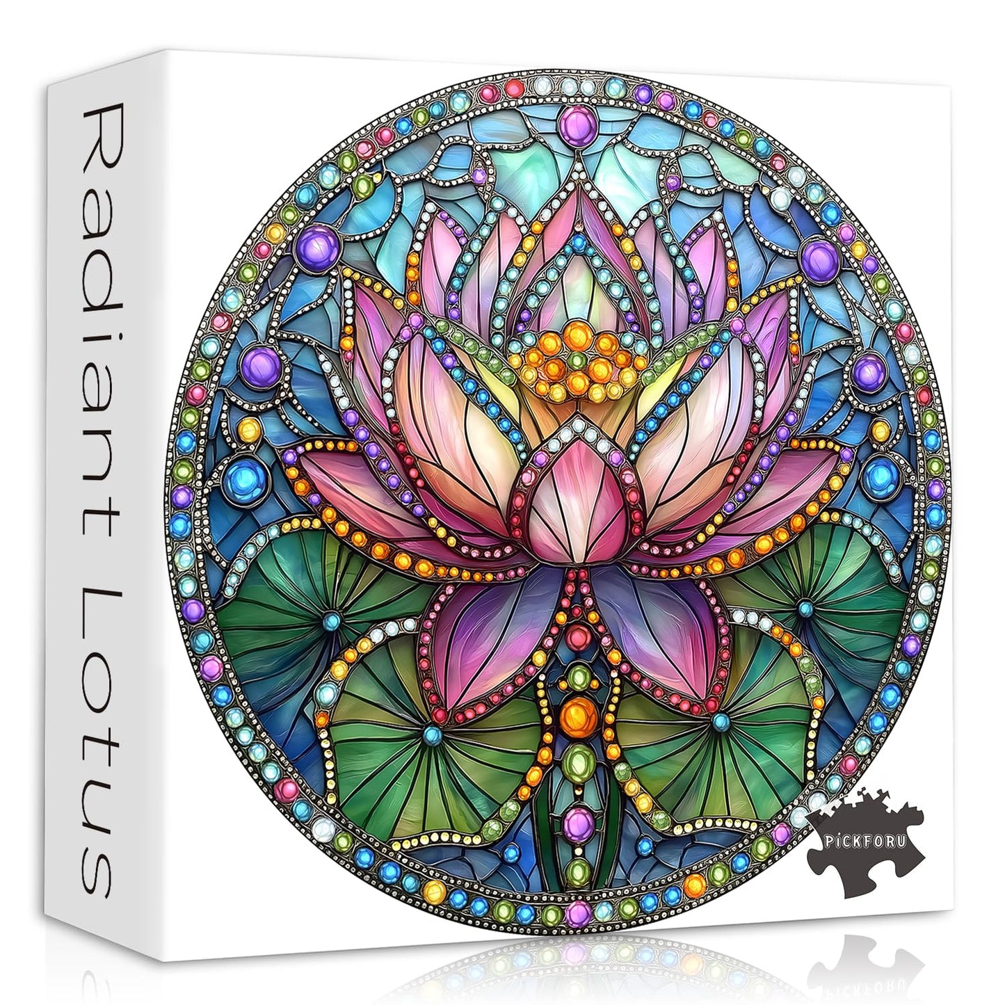 PICKFORU Stained Glass Lotus Flower Puzzle for Adults 1000 Pieces, Round Beautiful Gems Jewel Floral, Colorful Mosaic Flower Jig