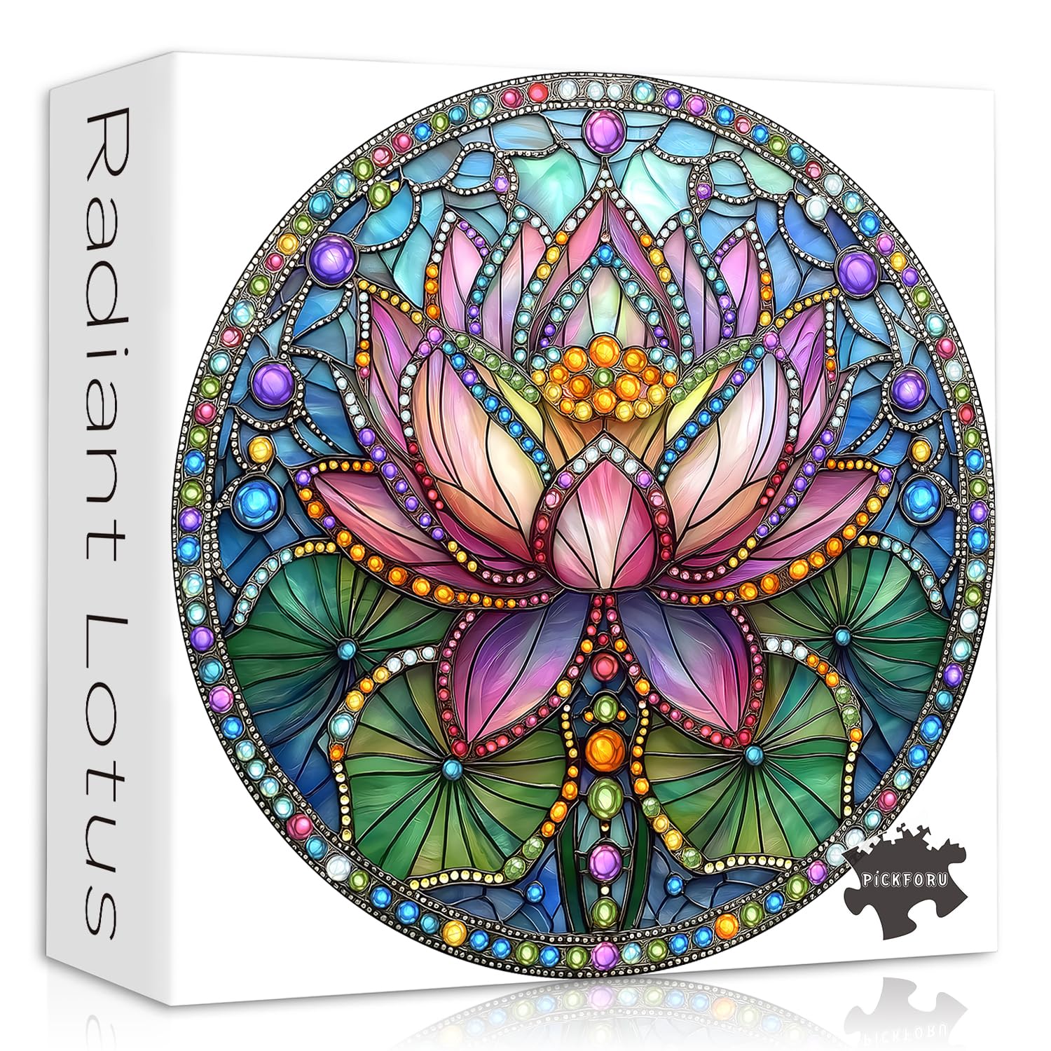 PICKFORU Stained Glass Lotus Flower Puzzle for Adults 1000 Pieces, Round Beautiful Gems Jewel Floral, Colorful Mosaic Flower Jig