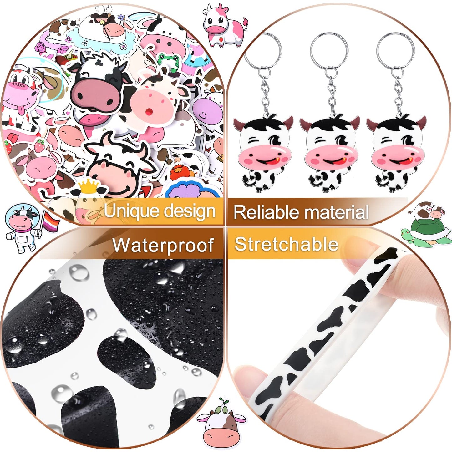 Chunful 148 Pcs Cow Party Favors Include cow Print Gift Bag Cute Keychain Elastic Silicone Bracelets Animal Stickers for Kids Gi