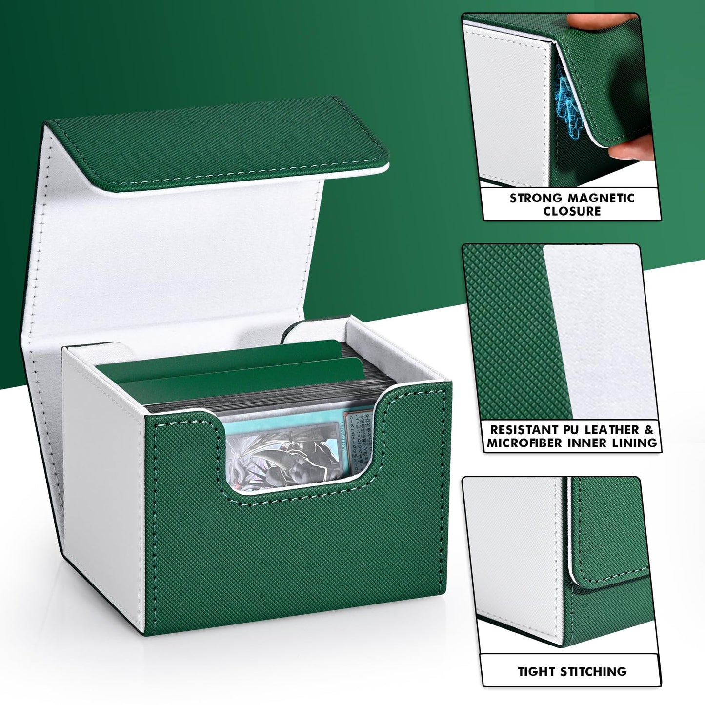 Zlca Card Deck Box For Trading Cards, Mtg Commander Deck Box Holds 120+ Single Sleeved Cards, Leather Magnetic Card Storage Box Fits For Tcg Ccg Magic Cards (White& Green)