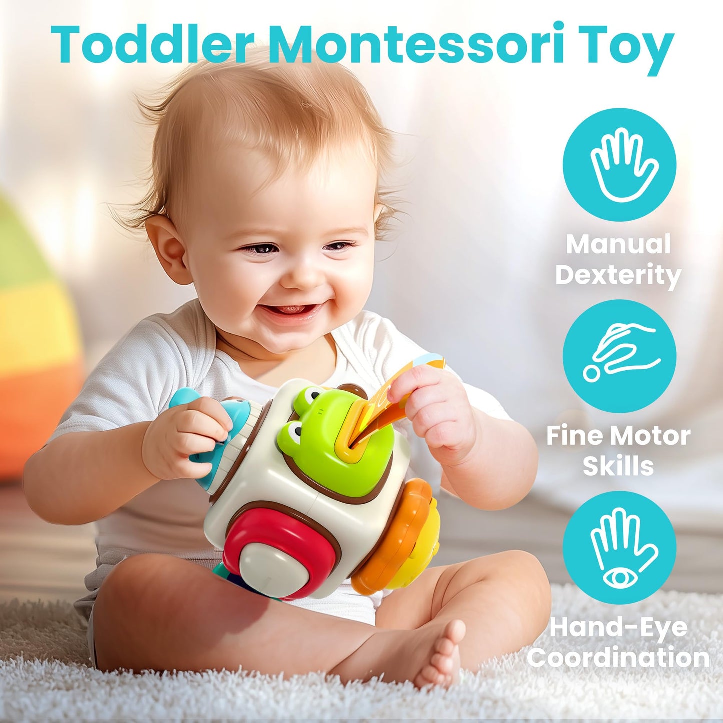 Iplay, Ilearn 6 In 1 Baby Busy Board Cube, Montessori Sensory Toy Toddler 1-3, Infant Carseat Plane Travel, Kid Animal Cube Lear