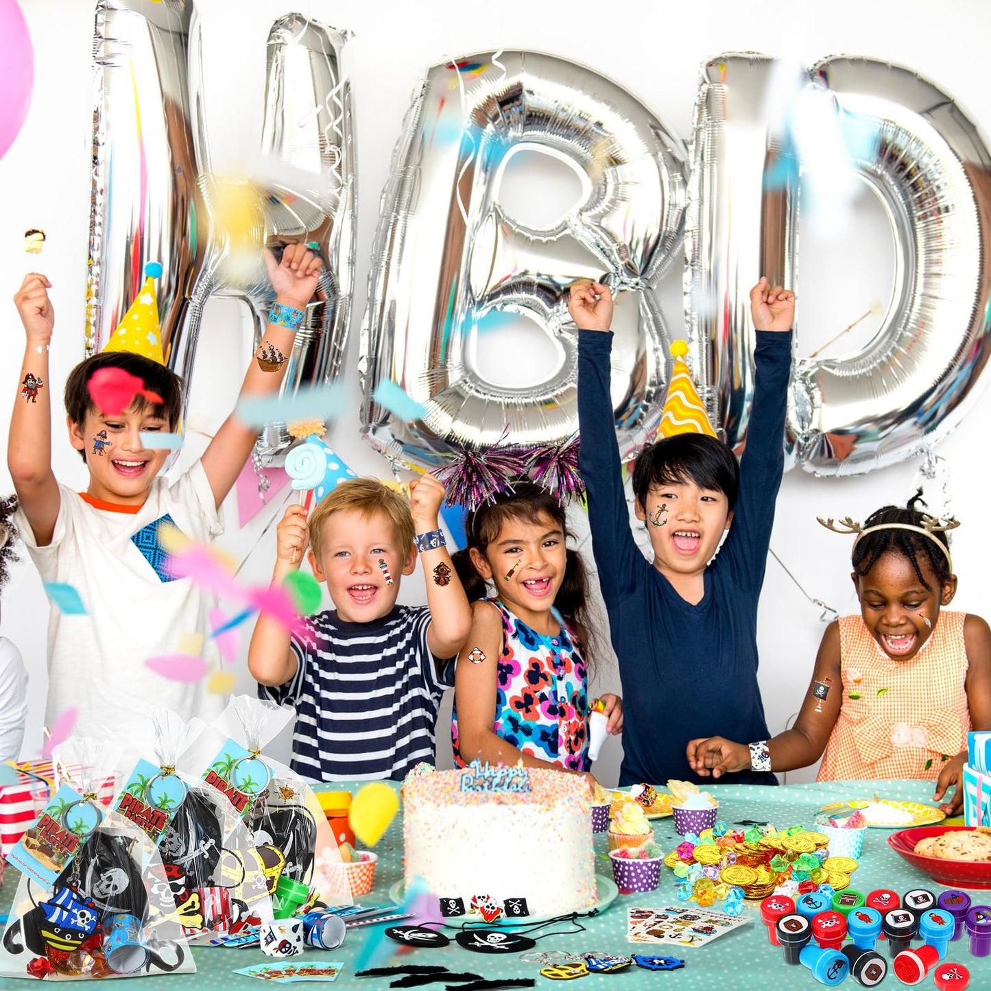 Spakon 280 Pcs Pirate Party Favors Birthday Supplies Decoration Include Pirate Keychain Ring Eye Mask Beard Tattoo Sticker Gold