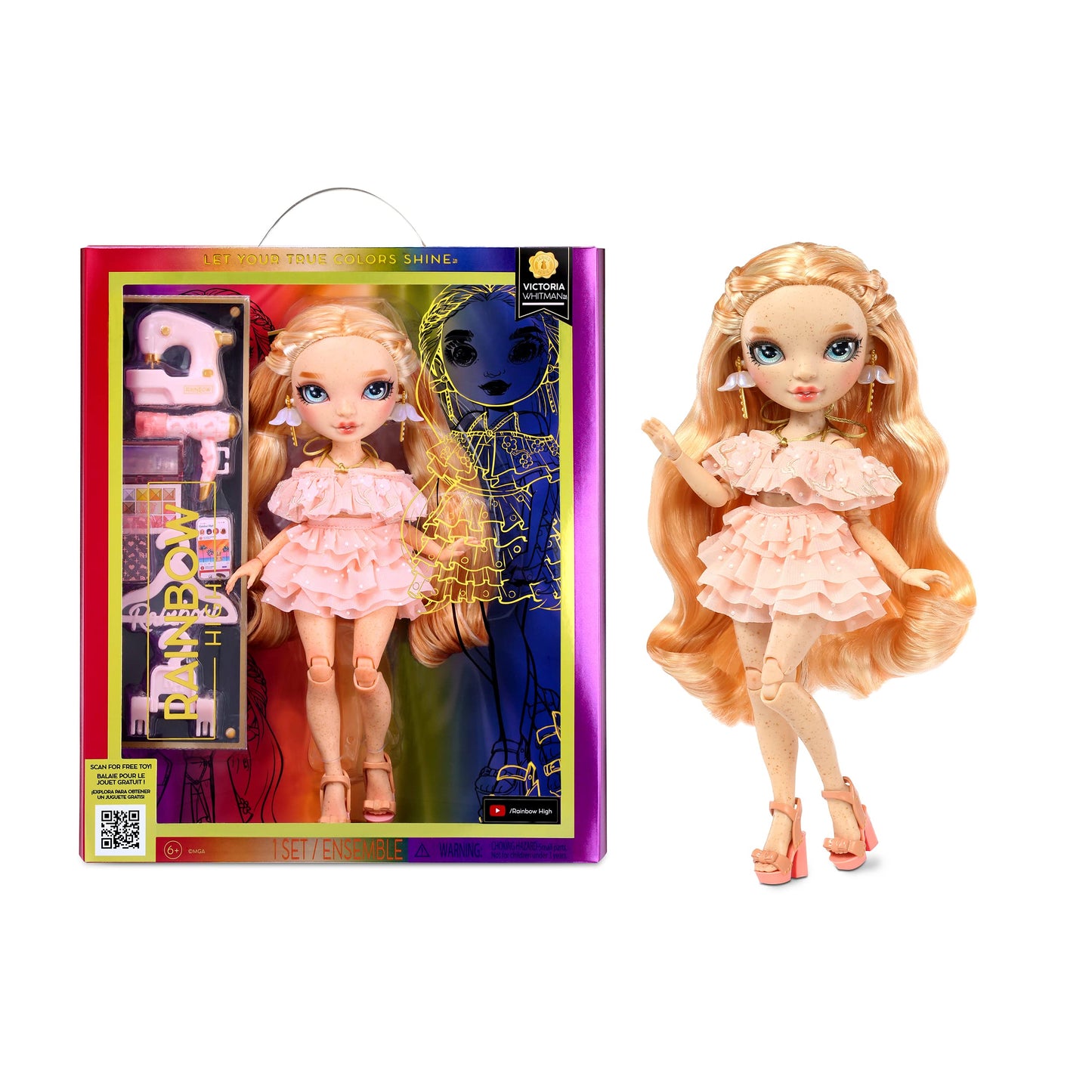 Rainbow High Victoria- Light Pink Fashion Doll and Freckles from Head to Toe. Fashionable Outfit & 10+ Colorful Play Accessories