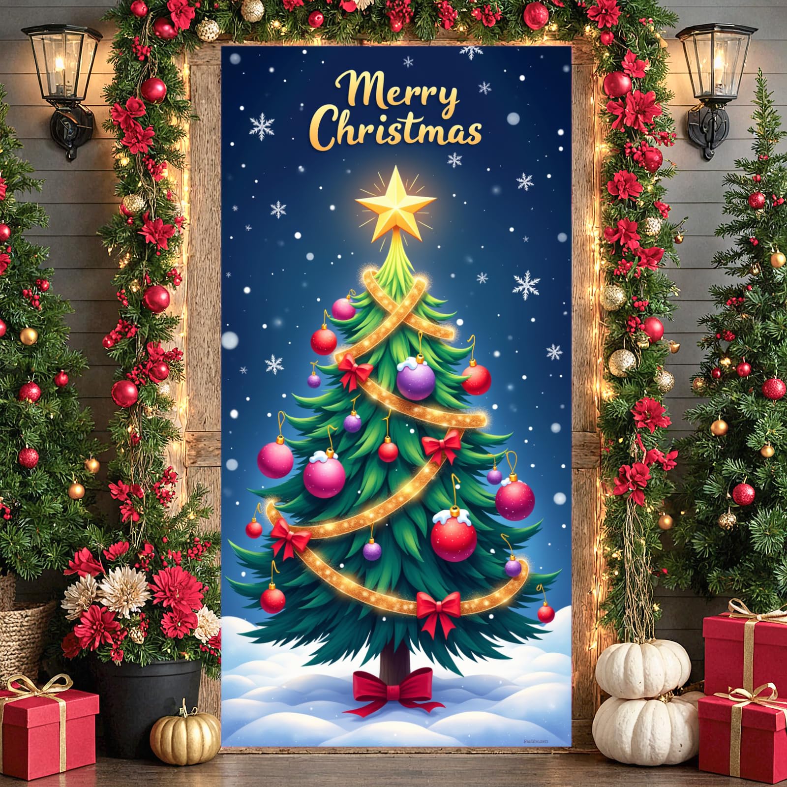 Blue Christmas Tree Door Cover Large Merry Christmas Door Banner Xmas Tree Hanging Backdrop Decorations with Snow Star Tree Xmas