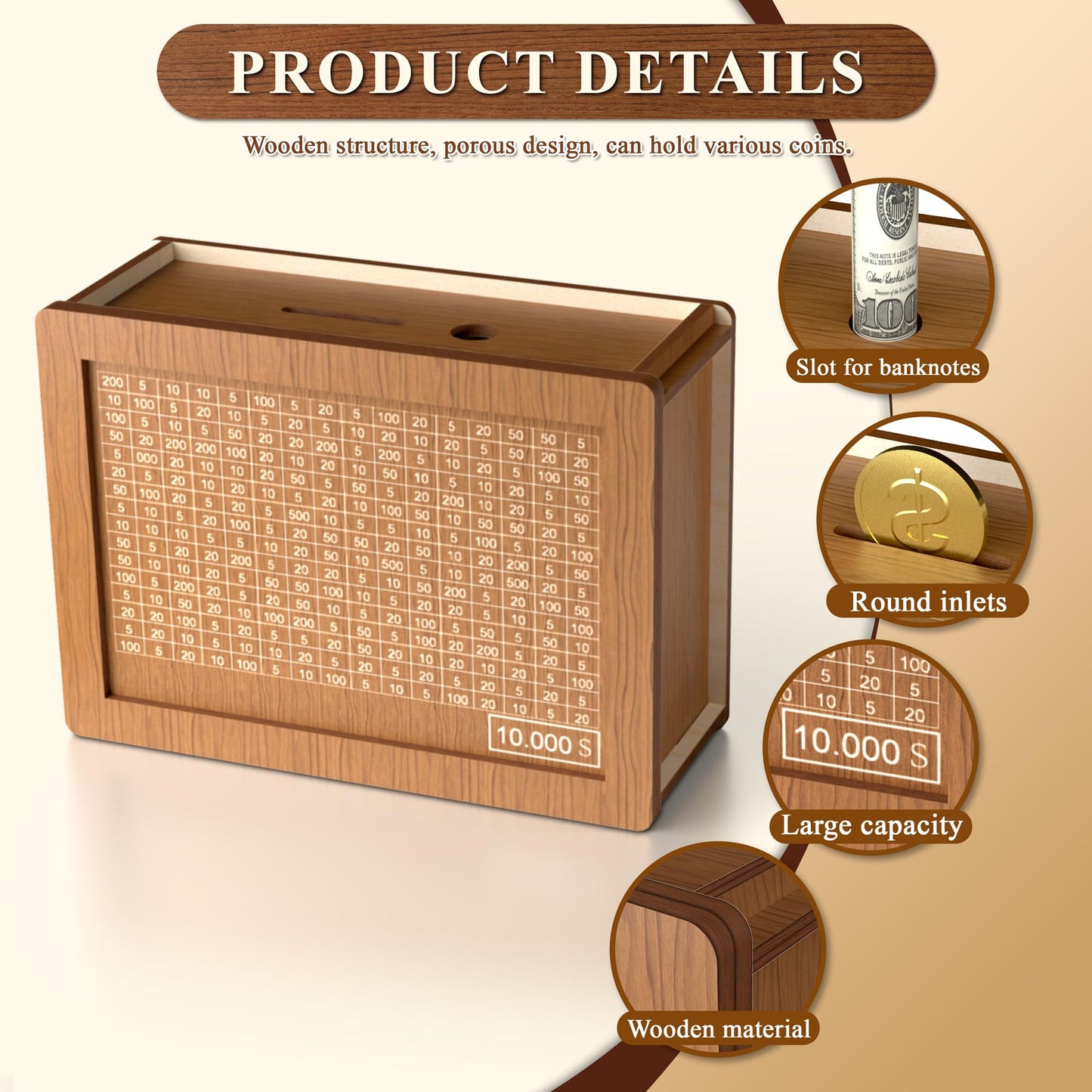 10000 Savings Challenge Box Cash Vault Wooden Coin Bank Money Saving Box With Target And Numbers - Piggy Bank For Kids Adults 10