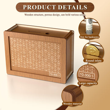 10000 Savings Challenge Box Cash Vault Wooden Coin Bank Money Saving Box With Target And Numbers - Piggy Bank For Kids Adults 10