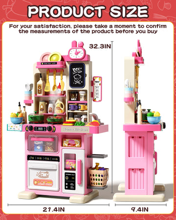 33.8IN Kids Kitchen Playset, 70PCS Kid Play Kitchen with Realistic Lights & Sounds, Spray Sink Toy Kitchen Accessories, Pretend