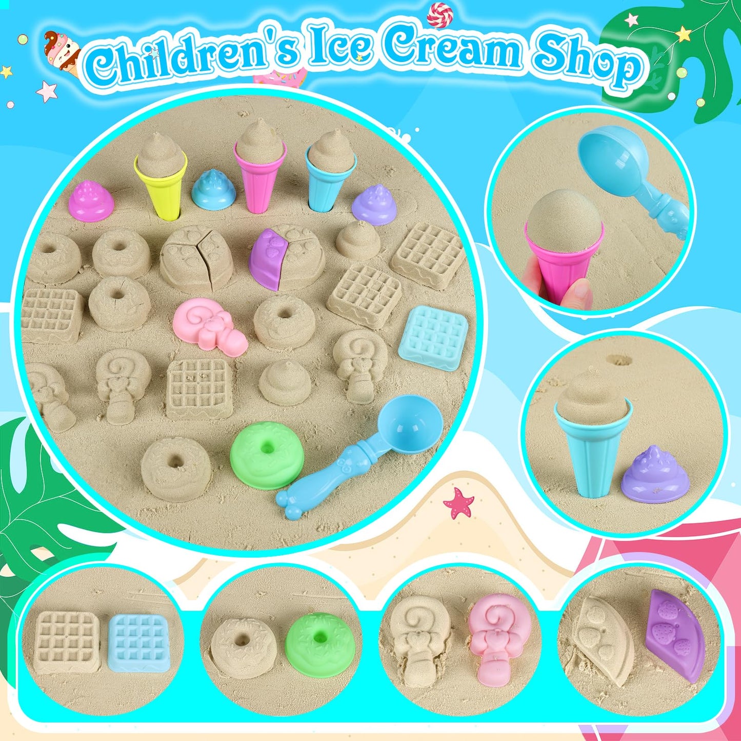 Collapsible Beach Toys For Kids Toddlers, 3 Foldable Buckets And Shovels Set, Sand Castle Building Kit, Ice Cream Travel Sand To