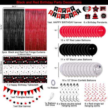 Red And Black Birthday Decorations For Men Women, 74Pcs Happy Birthday Party Decorations For Boys Girls With Happy Birthday Banner Tablecloth Foil Fringe Curtains Hanging Swirls Decor Black And Red Party Decorations Bday Party Supplies