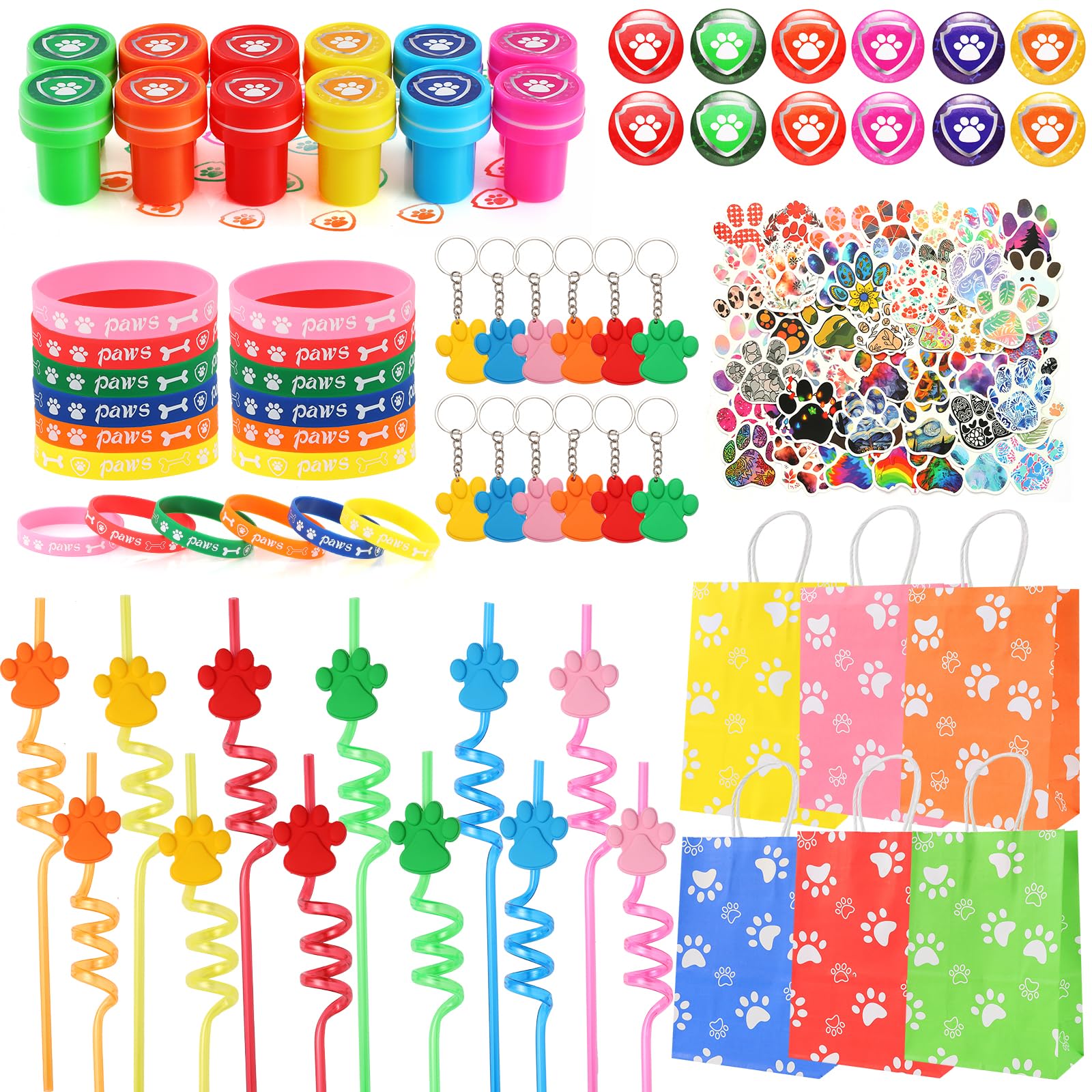 LiYiQ 122 Pcs Dog Paw Party Favors with Reusable Drinking Straws Paw Print Rubber Bracelets Keychains Stamps Dog Paw Button Pins