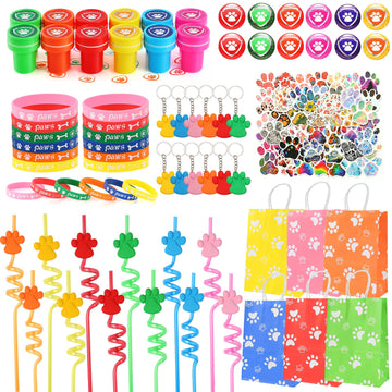 LiYiQ 122 Pcs Dog Paw Party Favors with Reusable Drinking Straws Paw Print Rubber Bracelets Keychains Stamps Dog Paw Button Pins