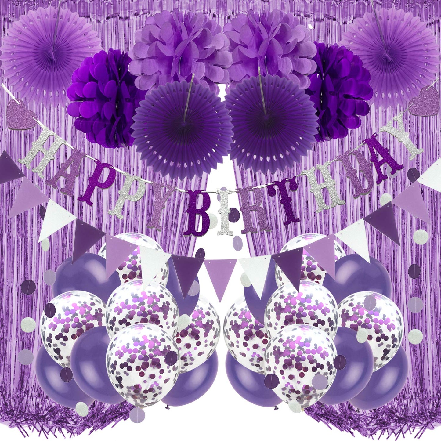 Recosis Birthday Party Decorations, Purple Party Decorations For Boy Girls Men Women Happy Birthday Banner, Curtains Paper Pompo