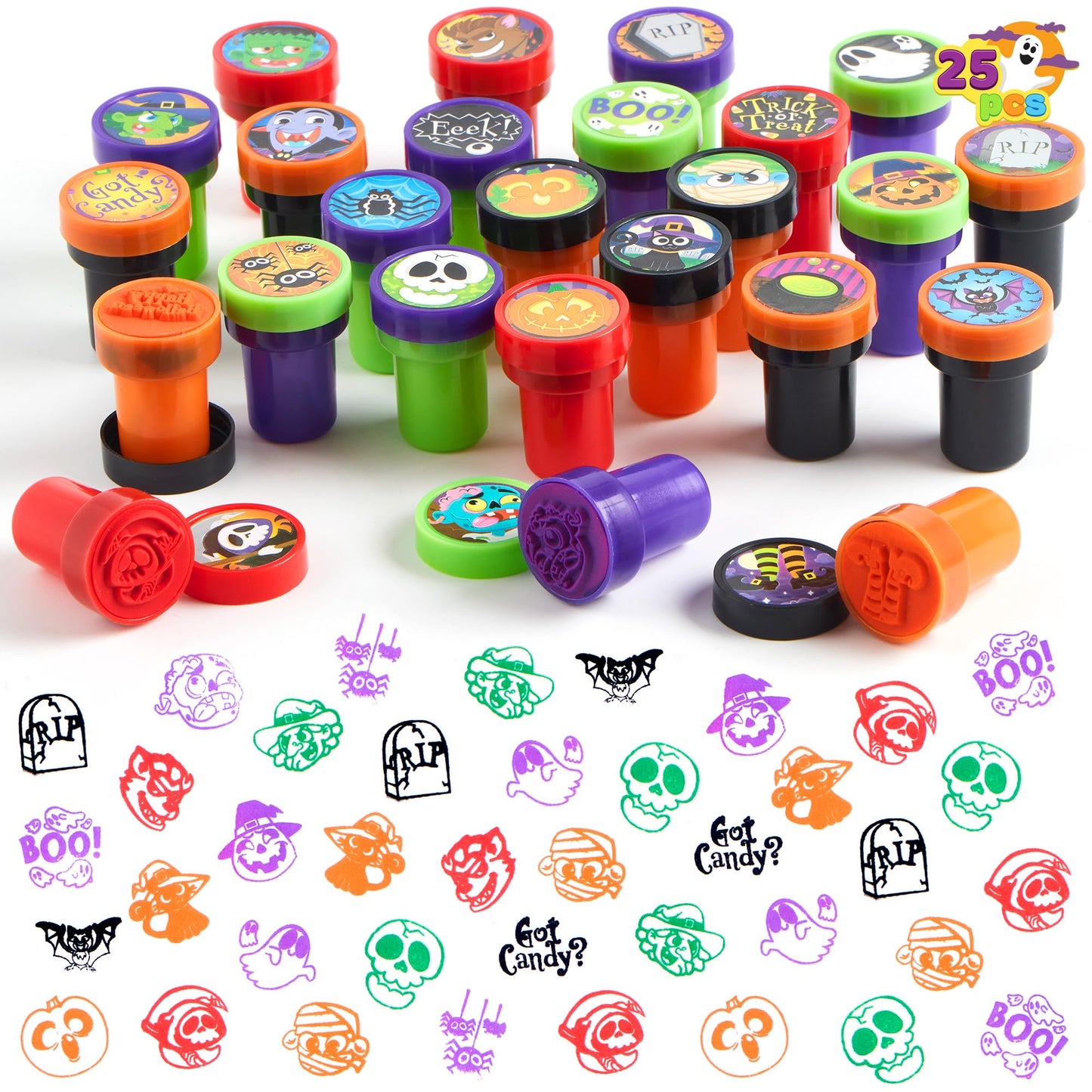 JOYIN 100 Pcs Halloween Stampers for Kids Gift, 25 Designs Assorted Plastic Stamps Bulk for Halloween Party Favors Goodie Bag Fi