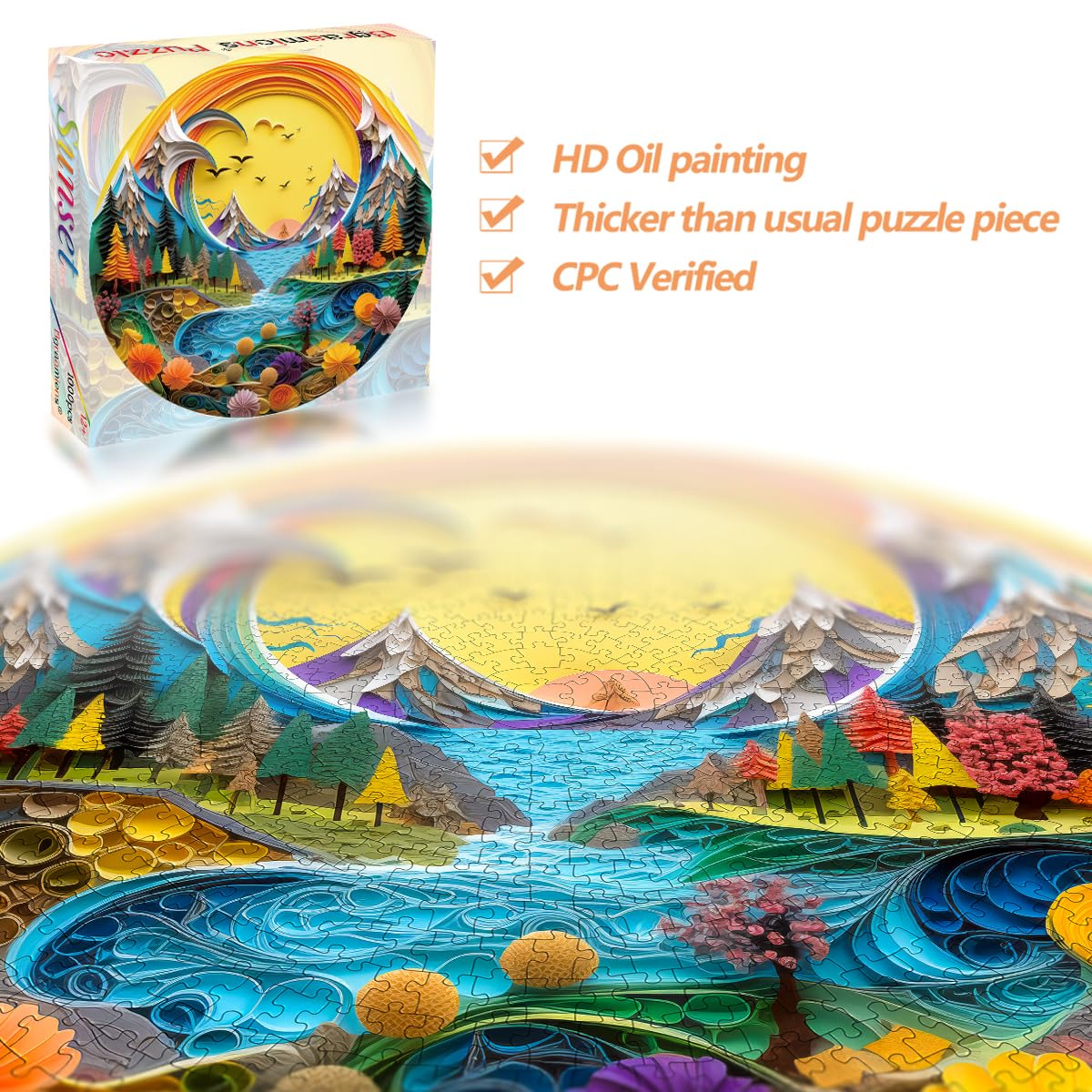 Bgraamiens 1000 Piece Jigsaw Puzzle - Sunset Abstract Paper Art Landscape For Adults - Vibrant Nature Puzzle With Mountains, Riv