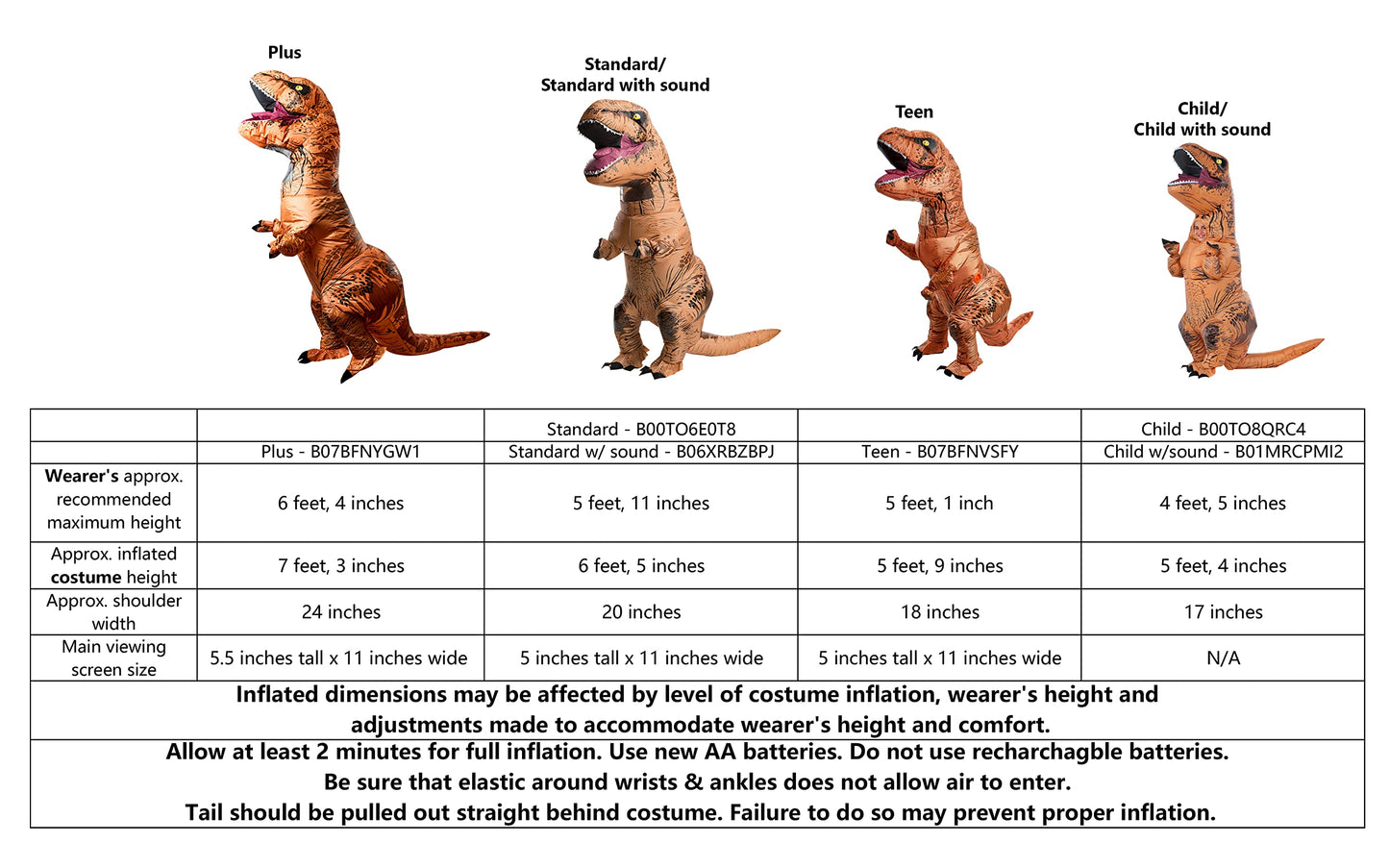 Rubies Fun Inflatable Original T-Rex Dinosaur Costume For Kids, With Sound, For Themed Party and Halloween, Standard Size