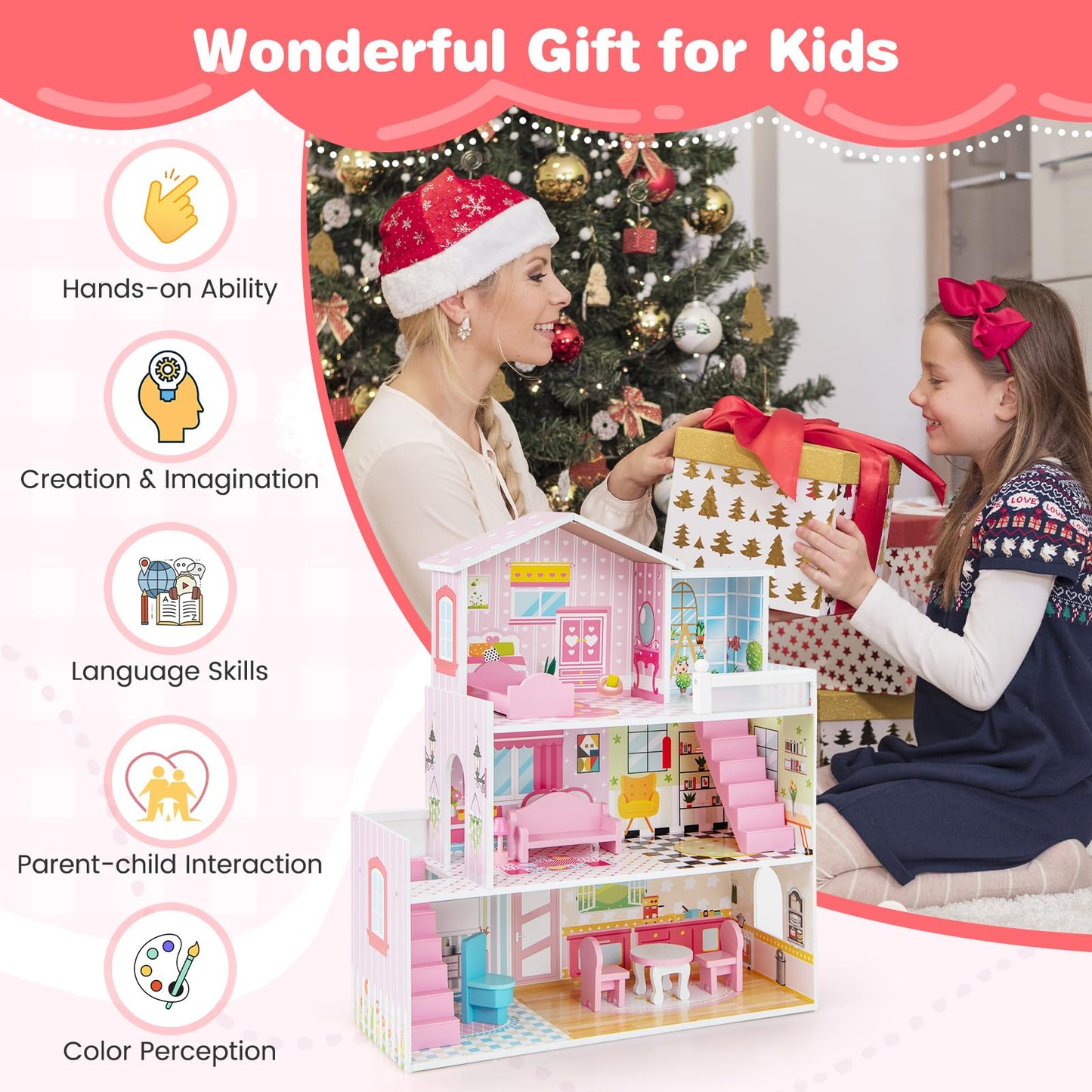 Costzon Wooden Dollhouse For Kids, 3-Story Semi-Open Doll House With 5 Rooms & 10 Pieces Furniture Set, Ladders & Balcony, Preschool Diy Pretend Play Dollhouse Toy, Gift For Girls & Boys Ages 3+