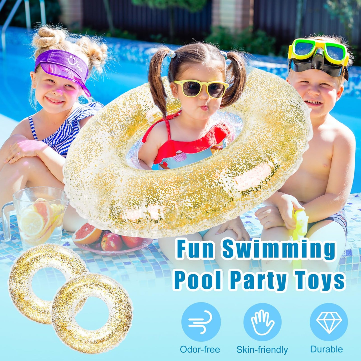Whaline 4Pcs Inflatable Pool Floats Toys Clear Swim Tubes Rings Glitter Gold Pool Tube For Boys Girls Outdoor Summer Swimming Po