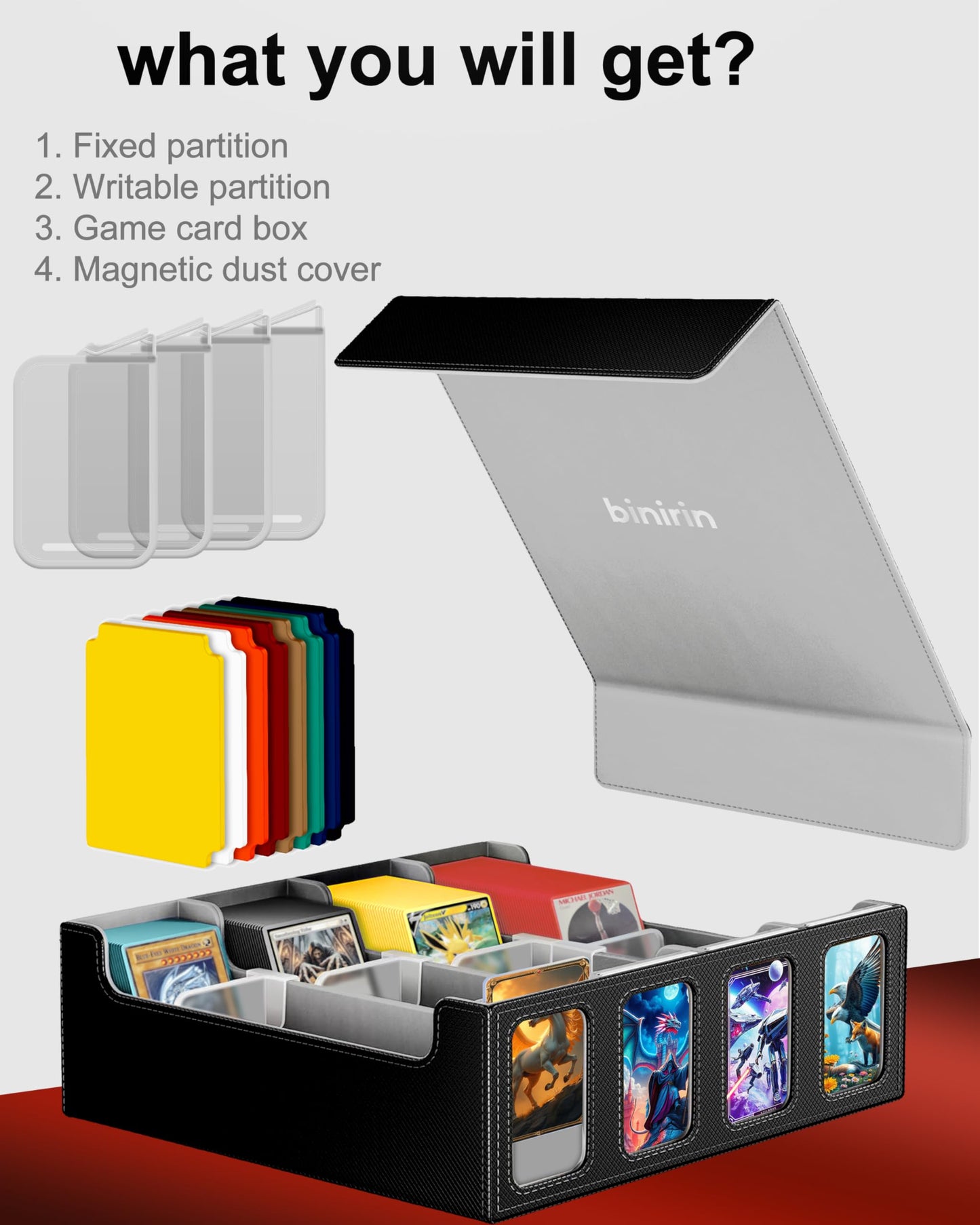 Binirin Trading Card Storage Box For Commander Display, 3000+ Mtg Deck Box With 4 Toploaders & Card Supporters, Pu Leather Card