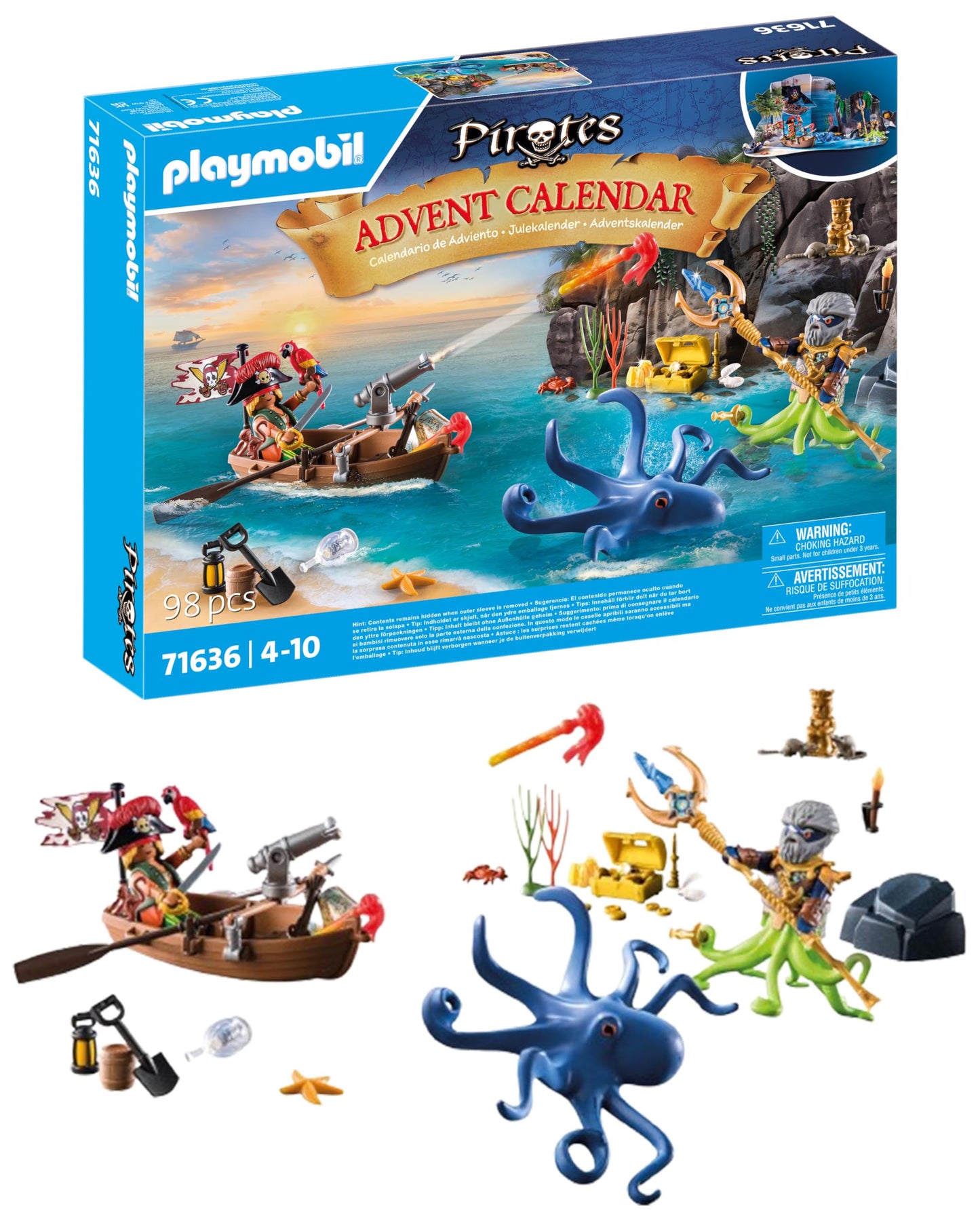 Playmobil Pirates Advent Calendar 71636 - 24 Surprises, Two Figures & Giant Octopus, Multicoloured, Magical Toys for Ages 4+