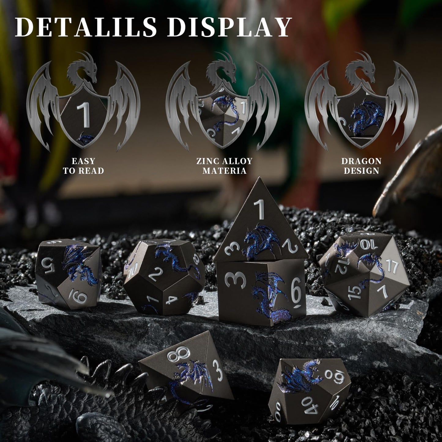 HNCCESG Metal Dice Set D&D,Glitter Blue Dragon Heavy Metallic DND Dice,Polyhedral Dice 7 Piece for Dungeons and Dragon Tabletop