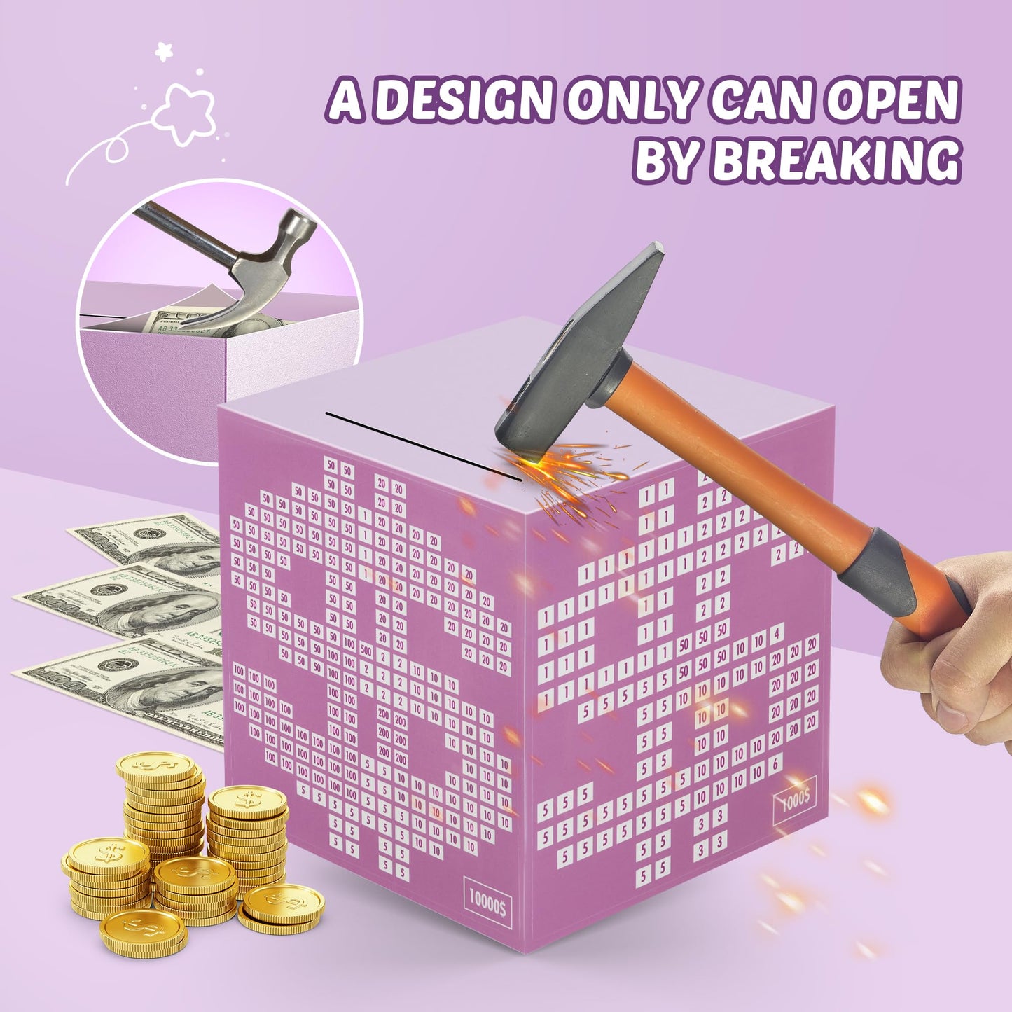 Primo Lines Purple Piggy Bank for Girl,10k Savings Challenge Box, Money Saving Box 10,000 with Counter for Savings Goal $3000 $5