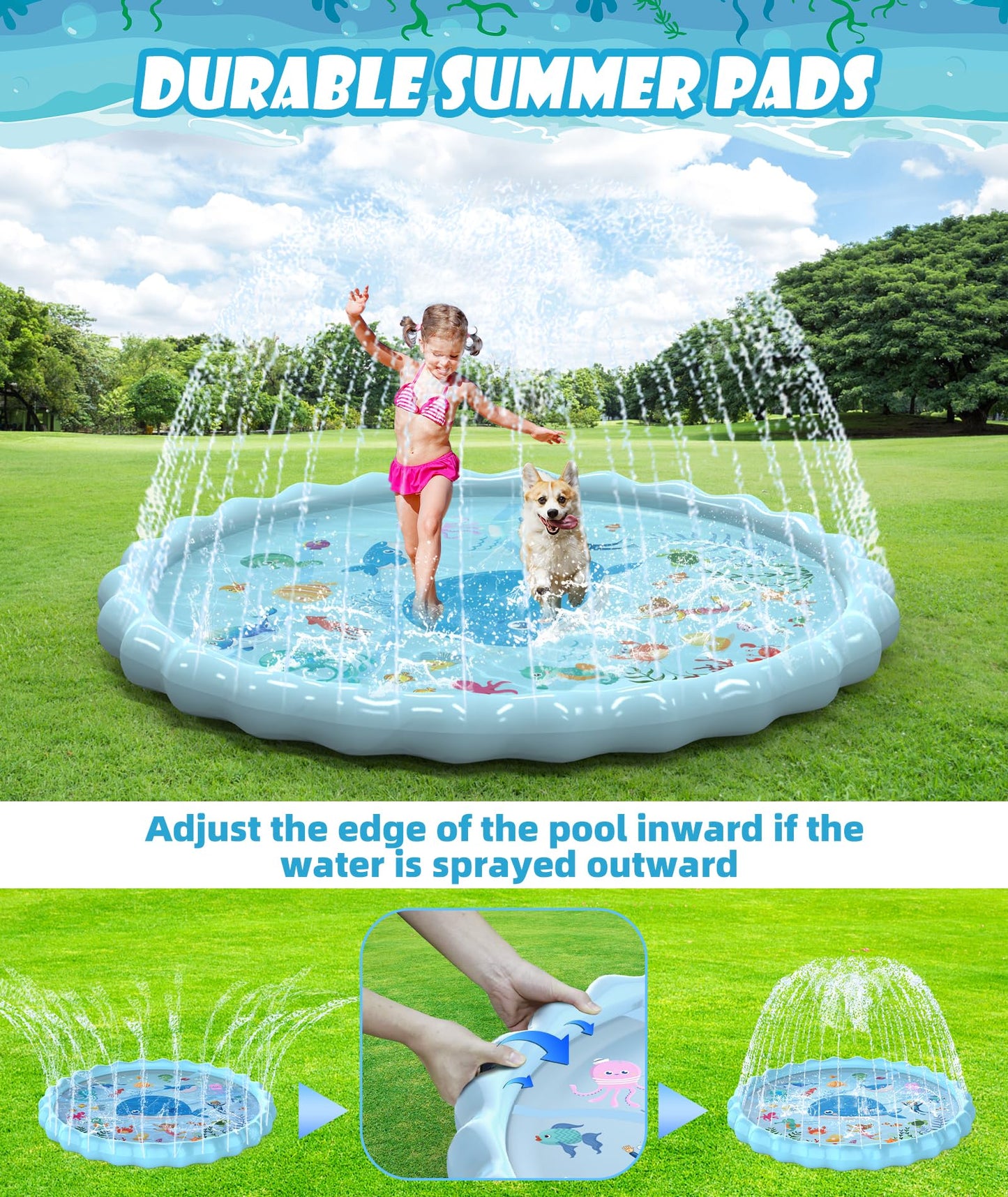 Epn Splash Pad, Extra Large Sprinkler Play Mat Fun For Kids, Thicker Summer Outdoor Water Toys Toddler Pool For 3-12 Years Old C