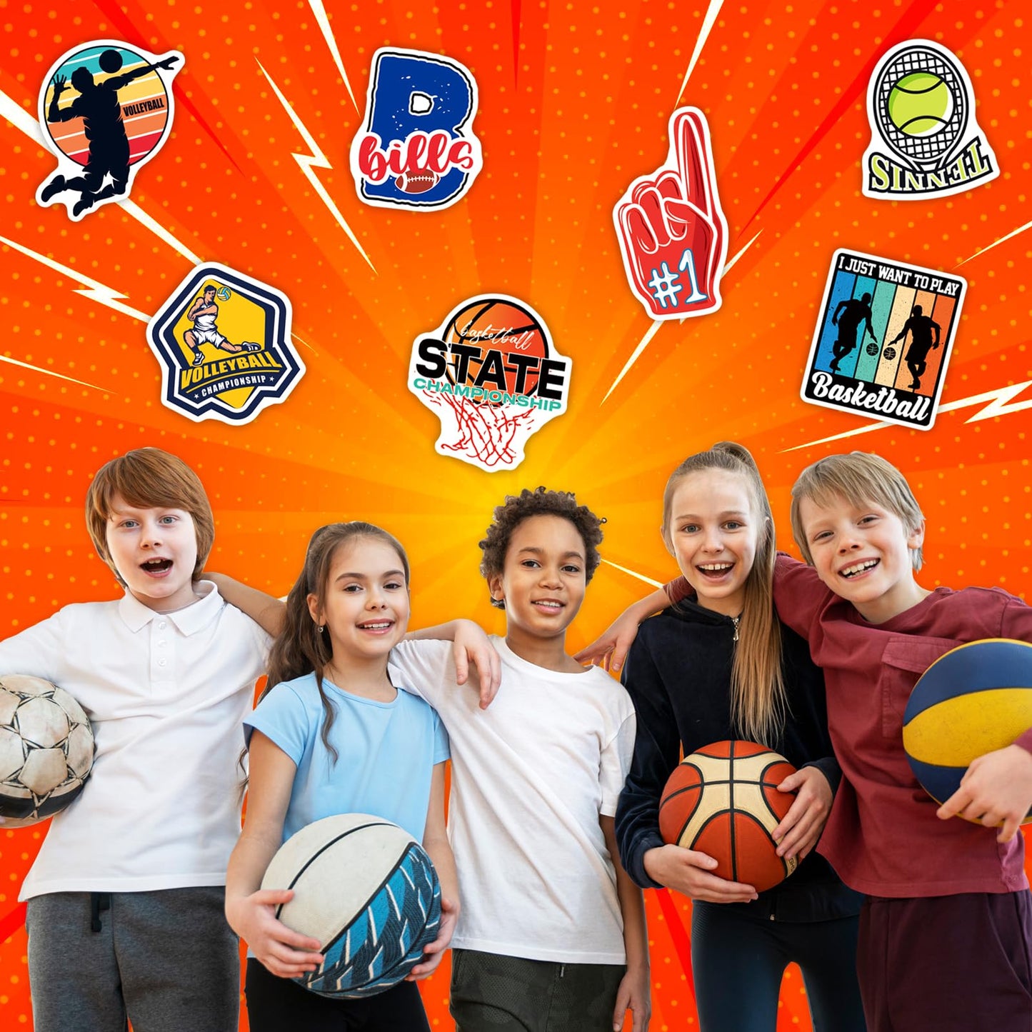 Wakemoodei 200 Pcs Sports Stickers For Water Bottles, Waterproof Mixed Balls Stickers For Kids Boys Basketball Baseball Soccer V