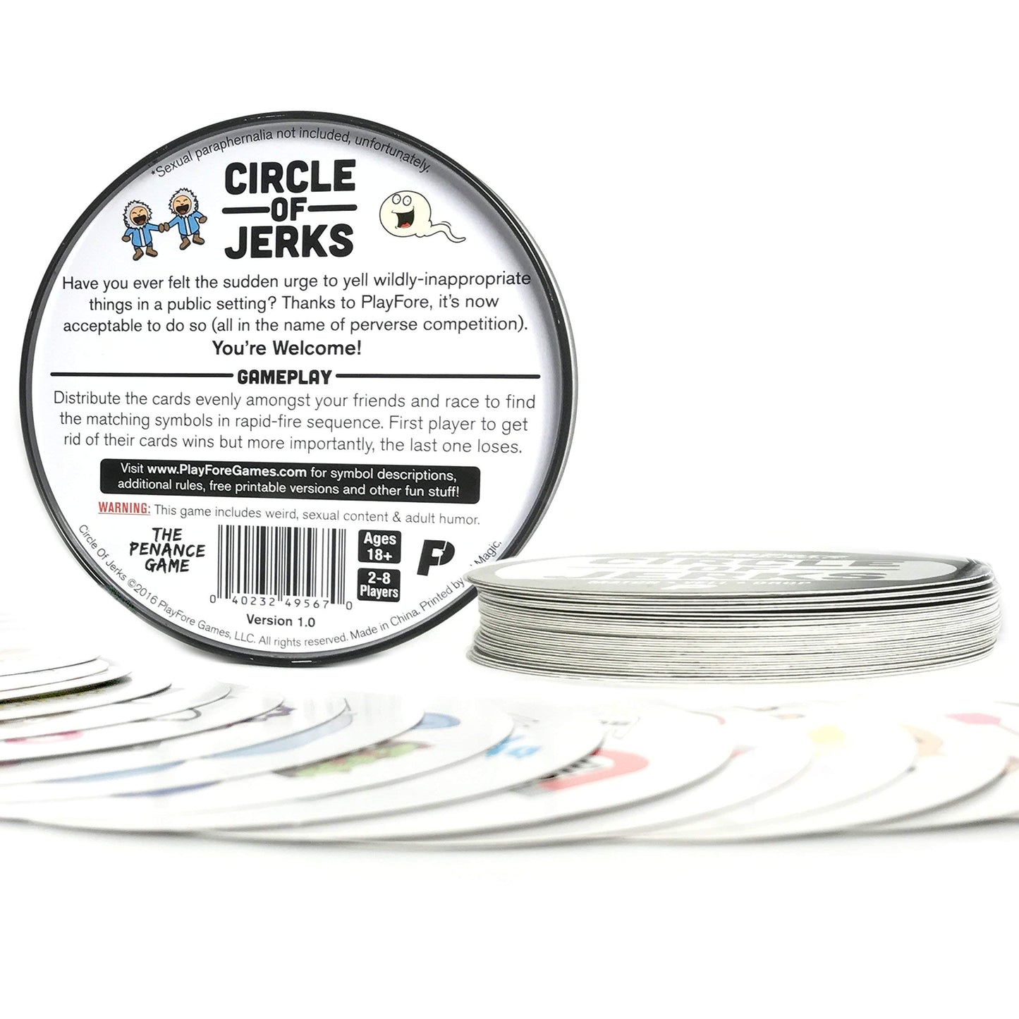 PlayFore Games Circle of Jerks Card Game - Fast-Paced, Funny, Easy to Learn, Tin Can, Black and White