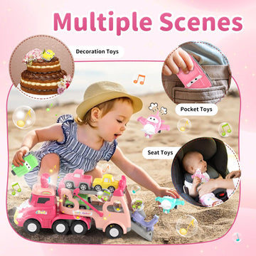 usrela Toys for 1 2 3 Year Old Girl Truck, 7-in-1 Toddler Girl Carrier Truck with Light & Music, Toddler Girl Toys Age 1-3 2-4,