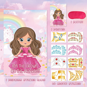 Pin The Crown On The Princess Party Games For Kids Girls Princess Birthday Party Supplies Pin The Tail Game Princess Tea Party Decorations, Large Princess Poster With 24 Crown Stickers