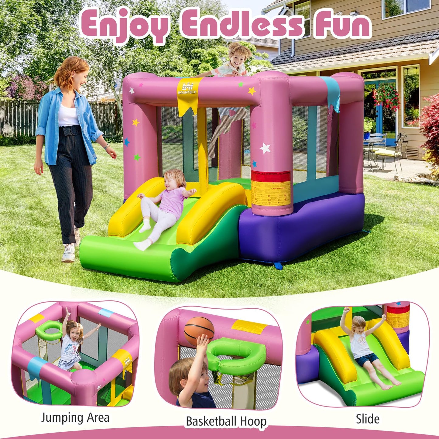 BOUNTECH Inflatable Bounce House, Kids Bouncy House with Slide, Jumping Area, Including 480W Blower, Oxford Carry Bag, Indoor Ca
