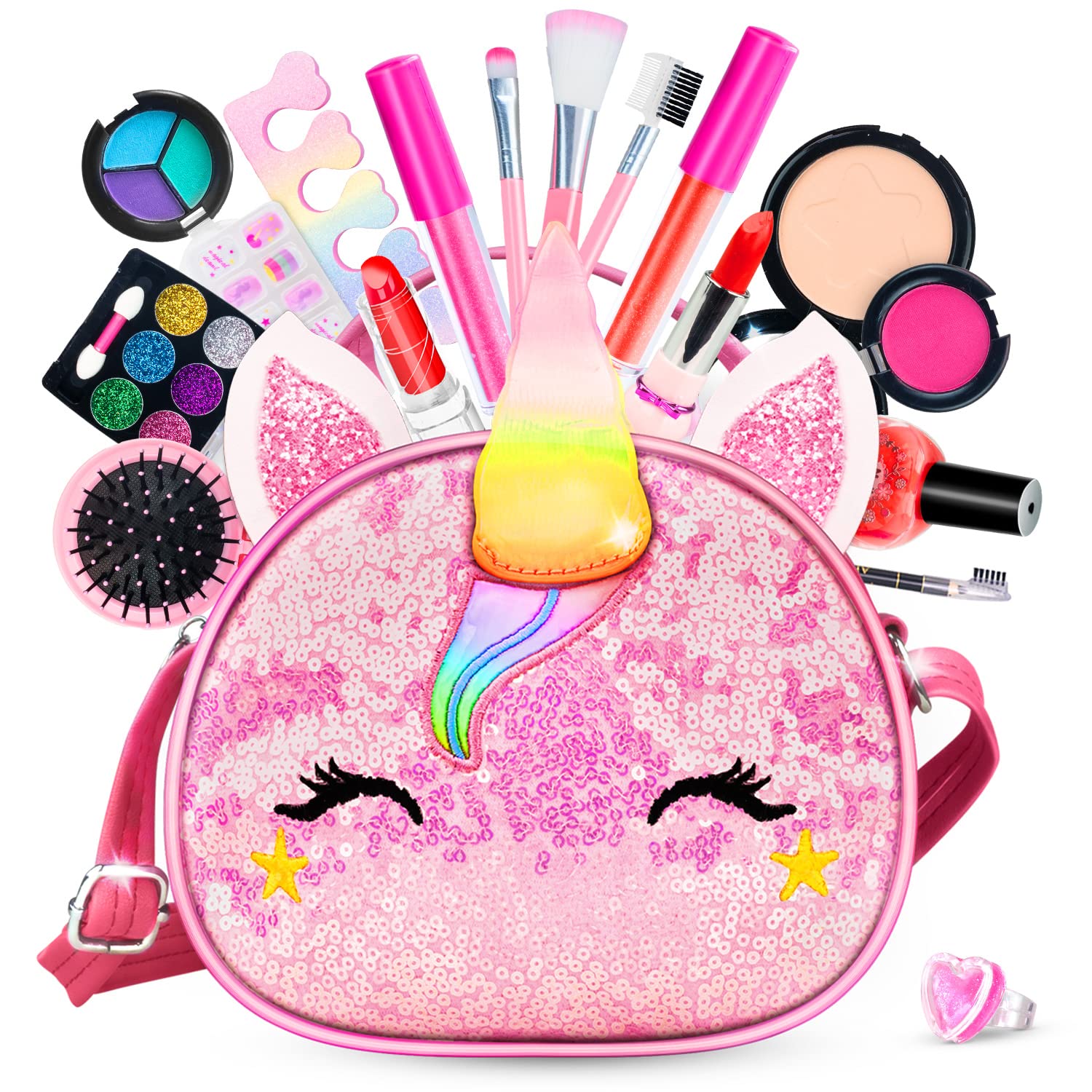 Hollyhi 25 Pcs Kids Makeup Kit for Girl, Washable Real Make Up Play Set with Unicorn Cosmetic Bag, Pretend Beauty Set Princess D