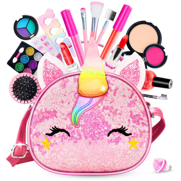 Hollyhi 25 Pcs Kids Makeup Kit for Girl, Washable Real Make Up Play Set with Unicorn Cosmetic Bag, Pretend Beauty Set Princess D