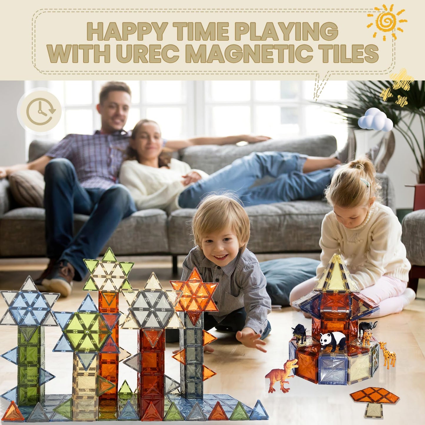 UREC Magnetic Tiles, 100PCS Magnetic Blocks for Kids, 3D Diamond Magnet Tiles Building Blocks for Toddlers, Construction STEM Ma