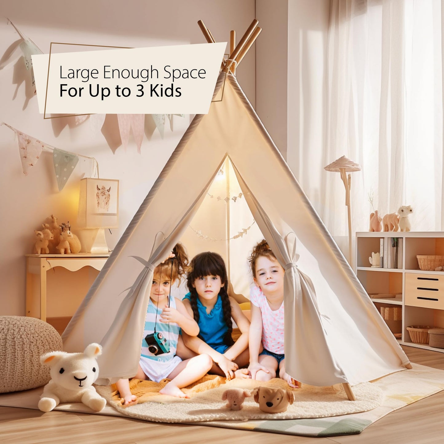 Atlasonix Kids Teepee Tent - 100% Cotton Canvas, Beige, 1.9ft x 1.9ft x 5ft, Model TP_CRM, Indoor Play Tent for