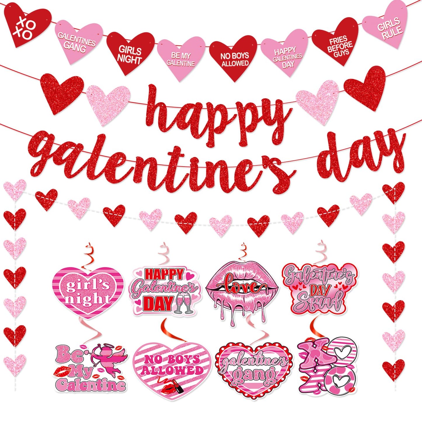 Happy Galentines Day Banner, Red Glittery Galentines Day Decorations with Heart Garland Hanging Swirls, Ladies Girls Happy Vale