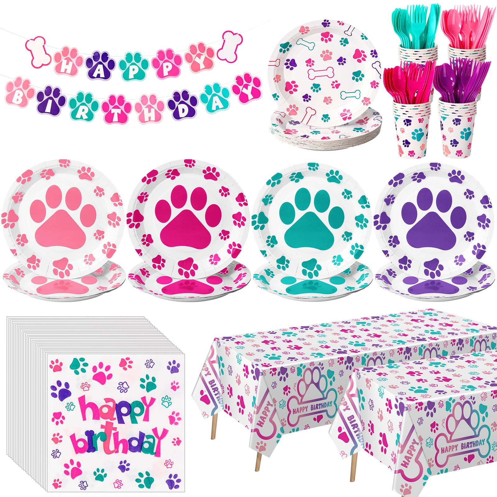 Gejoy 171 Pcs Dog Birthday Party Supplies Dog Party Decorations Dog Paw Plates Banner Tablecloths Napkins Cups Knives Forks Spoo