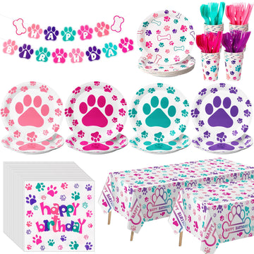 Gejoy 171 Pcs Dog Birthday Party Supplies Dog Party Decorations Dog Paw Plates Banner Tablecloths Napkins Cups Knives Forks Spoo