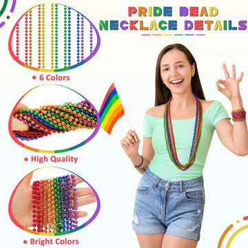 Eoboh 12Pcs Pride Accessories, Pride Lgbtq Beads Necklace Stuff, Metallic 6 Kinds Of Rainbow Necklace Bulk, Gay Lesbian Lgbt Cos