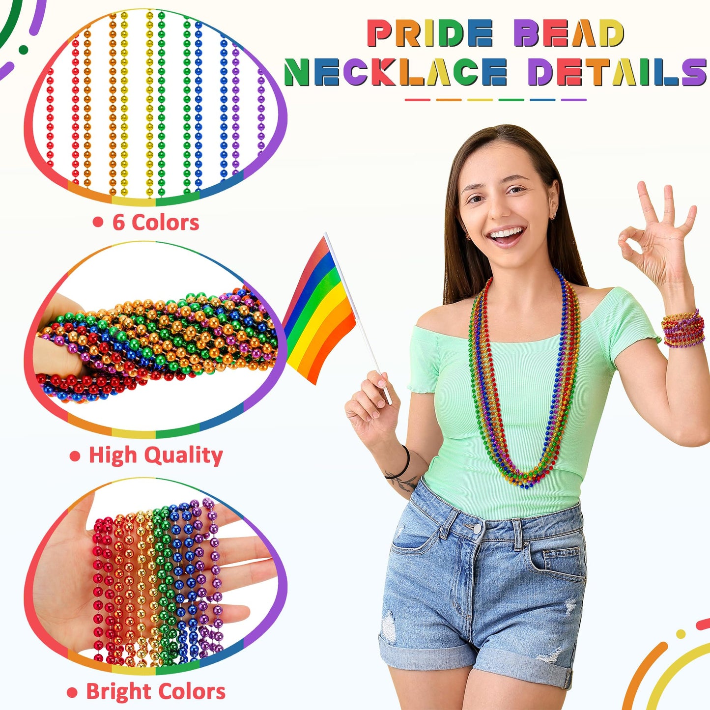 Eoboh 72Pcs Pride Beads Stuff, Pride Lgbtq Bead Necklace Accessories Bulk, Metallic 6 Kinds Of Rainbow Bead Necklace, Gay Lesbia