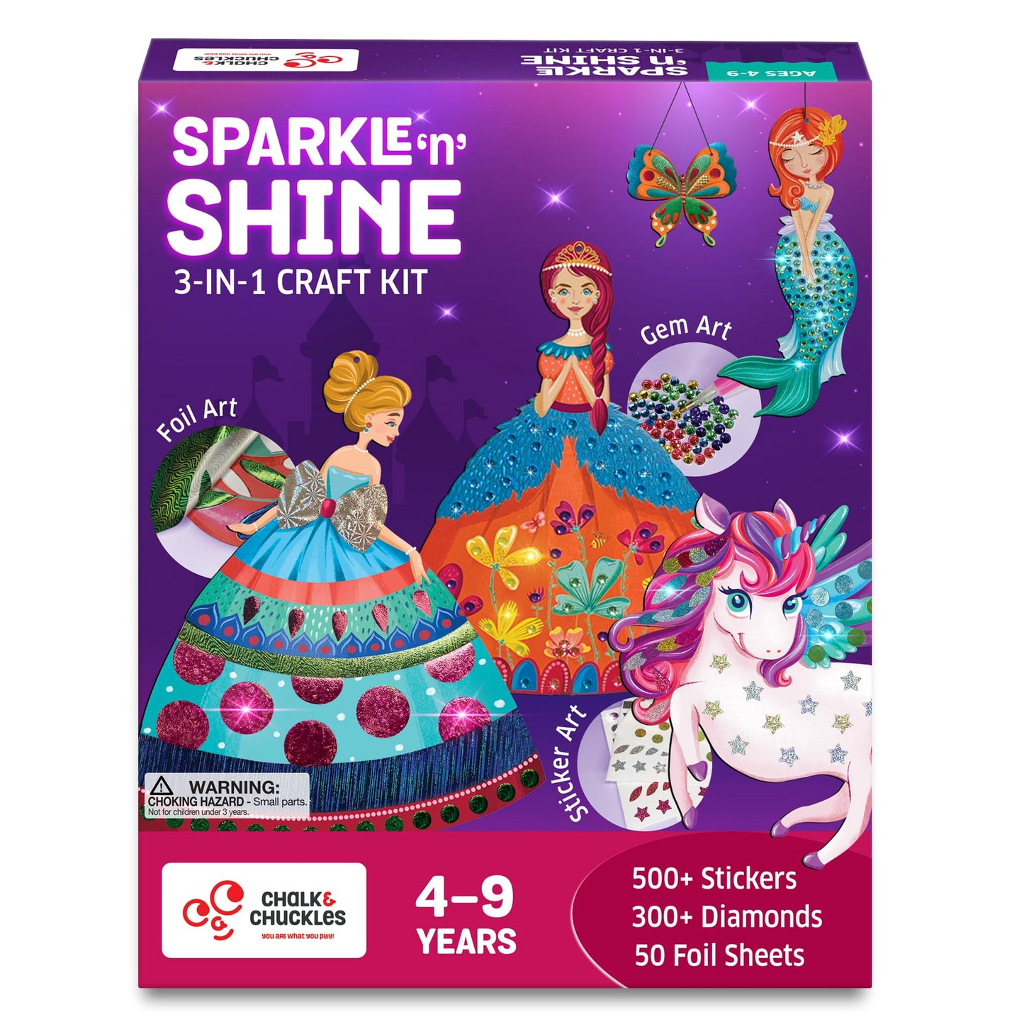 Chalk and Chuckles Art and Craft Kit, Sparkle & Shine Unicorn & Princess, Mess-Free Foil Art and Diamond Painting Set, Birthday 