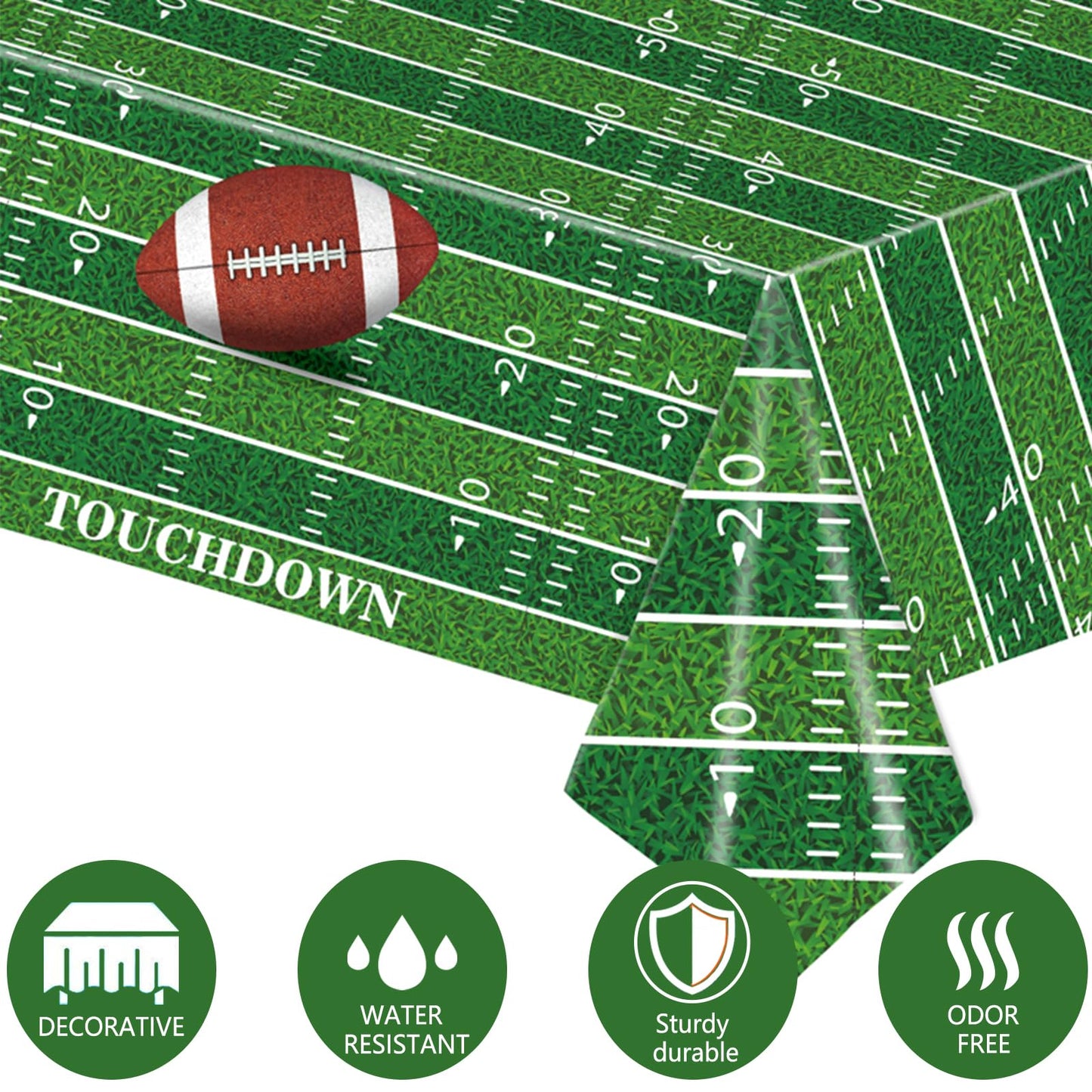 Kesfey 3 Packs Football Tablecloth 54 X 108 Inches Green Football Field Touchdown Tablecover Disposable Plastic Rugbyl Themed Bi