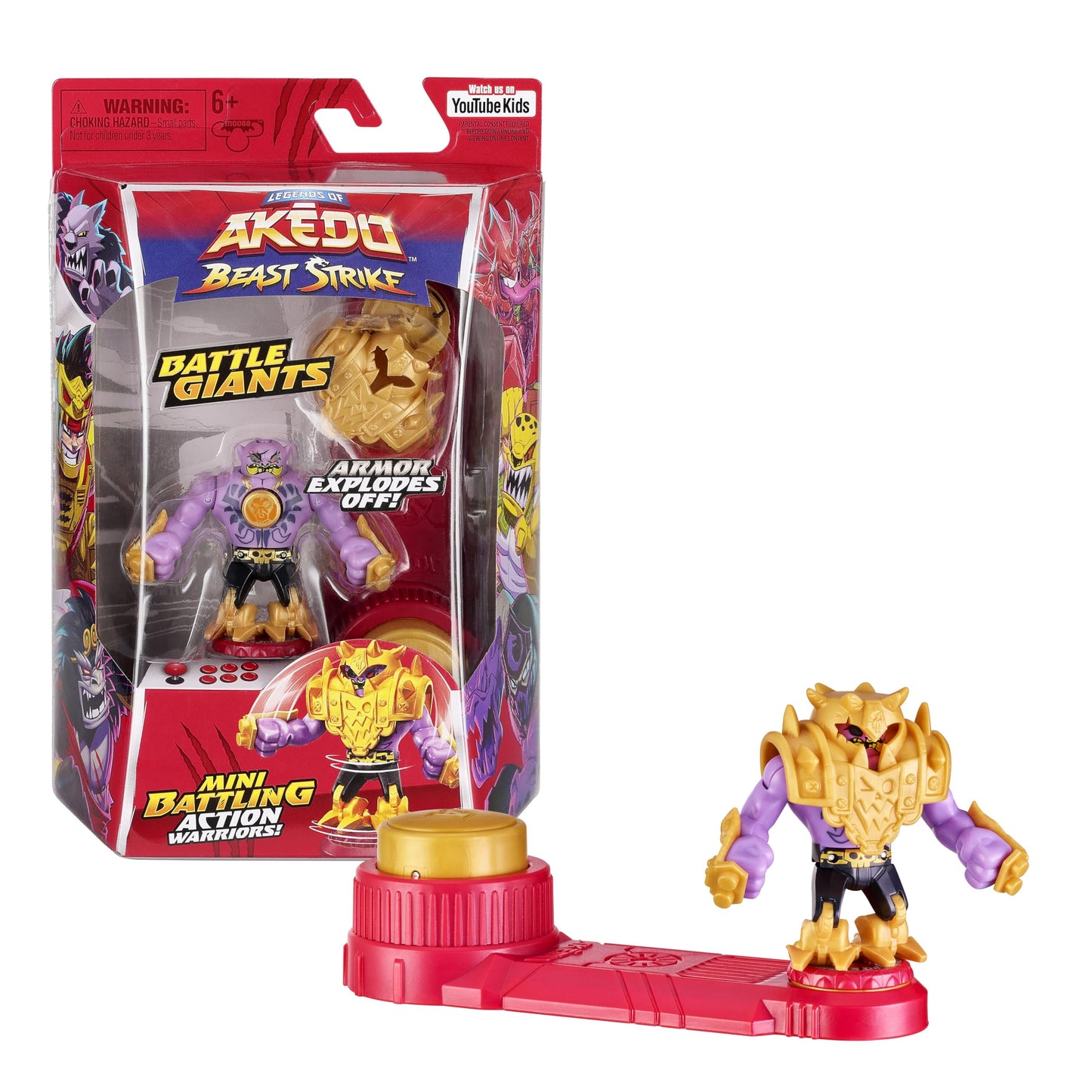 Legends of Akedo Beast Strike Battling Giant Gold Tusk. Mini Battling Warriors. protective covering Explodes Off During Battle. Ready  Fight  Split Strike. Small