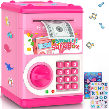 Pink Piggy Bank For Kids With Password Code Lock And Auto Grab Bill Slot, Philaeec Real Money Cash Coin Can Saving Box Electroni
