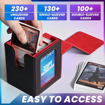 Uaono Card Deck Box With Mtg Commander Display, Deck Case Holds 100+ Double-Sleeved Cards, Trading Card Storage Box Fits Tcg/Ptcg/Sports Card With 2 Dividers, 1 Toploader (Black, Red)