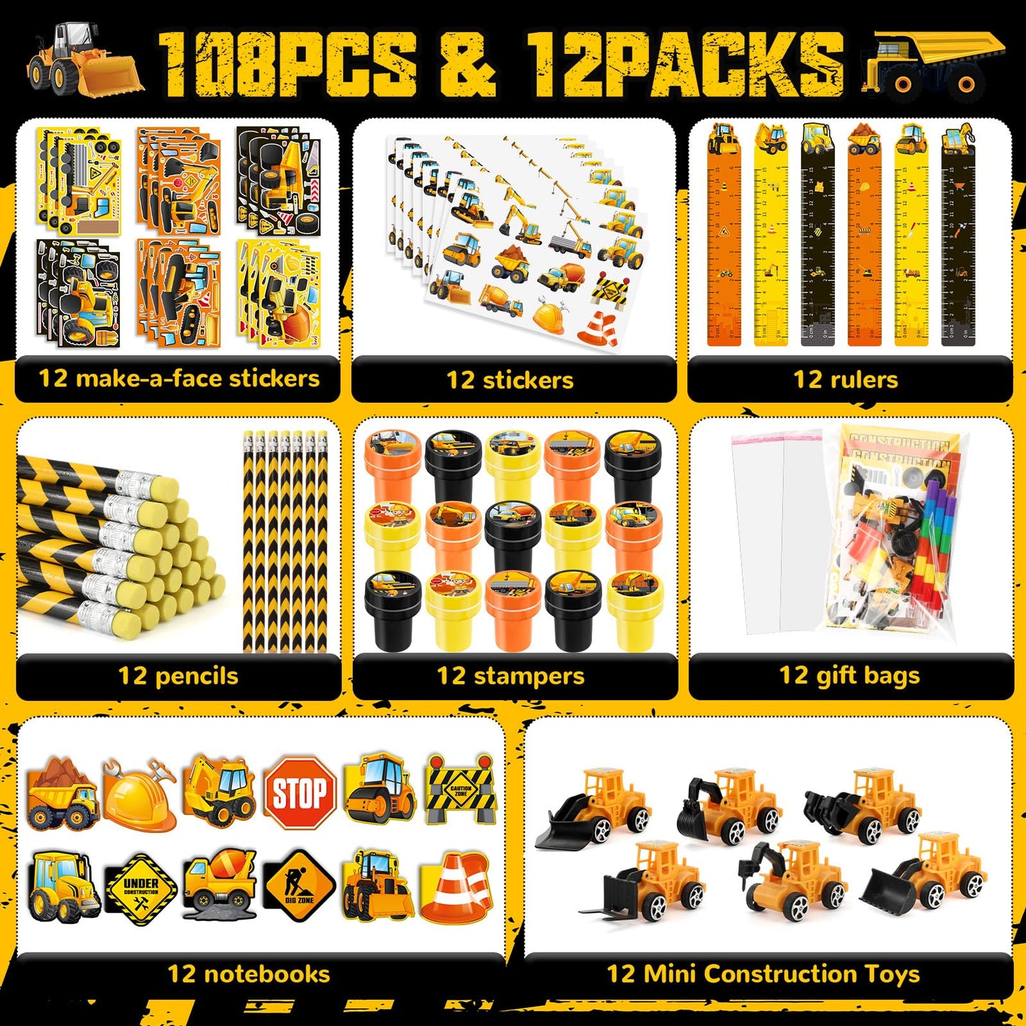 BenLouis 96Pcs Construction Party Favors Excavator Tractor Theme School Stationery Set Bulk for Kids Construction Birthday Party