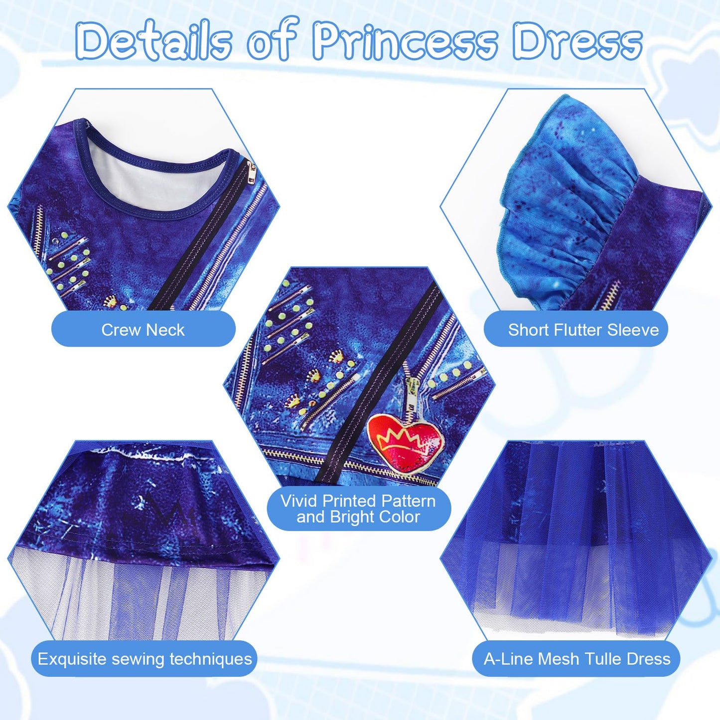 HenzWorld Girls Blue Dress Toddler Kids Blue Costume Dress up for Girls Short Flutter Sleeve Tulle Tutu Dresses Halloween Cospla