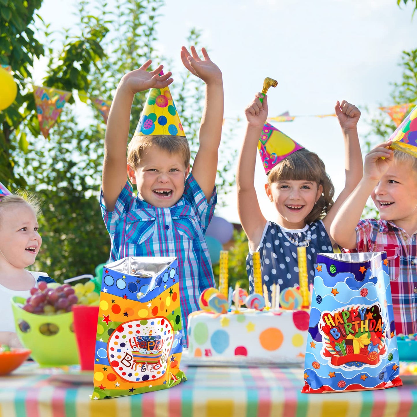 PintreeLand Happy Birthday Party Favor Bags 40 PCS Plastic Goodies Loot Bags Bulk for Kids Baby Girls & Boys Birthday Return Gif